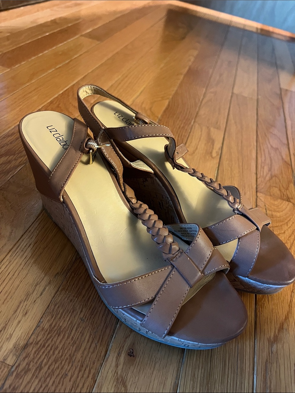 Liz Claiborne Tan Braided T‑Strap Wedge Sandals